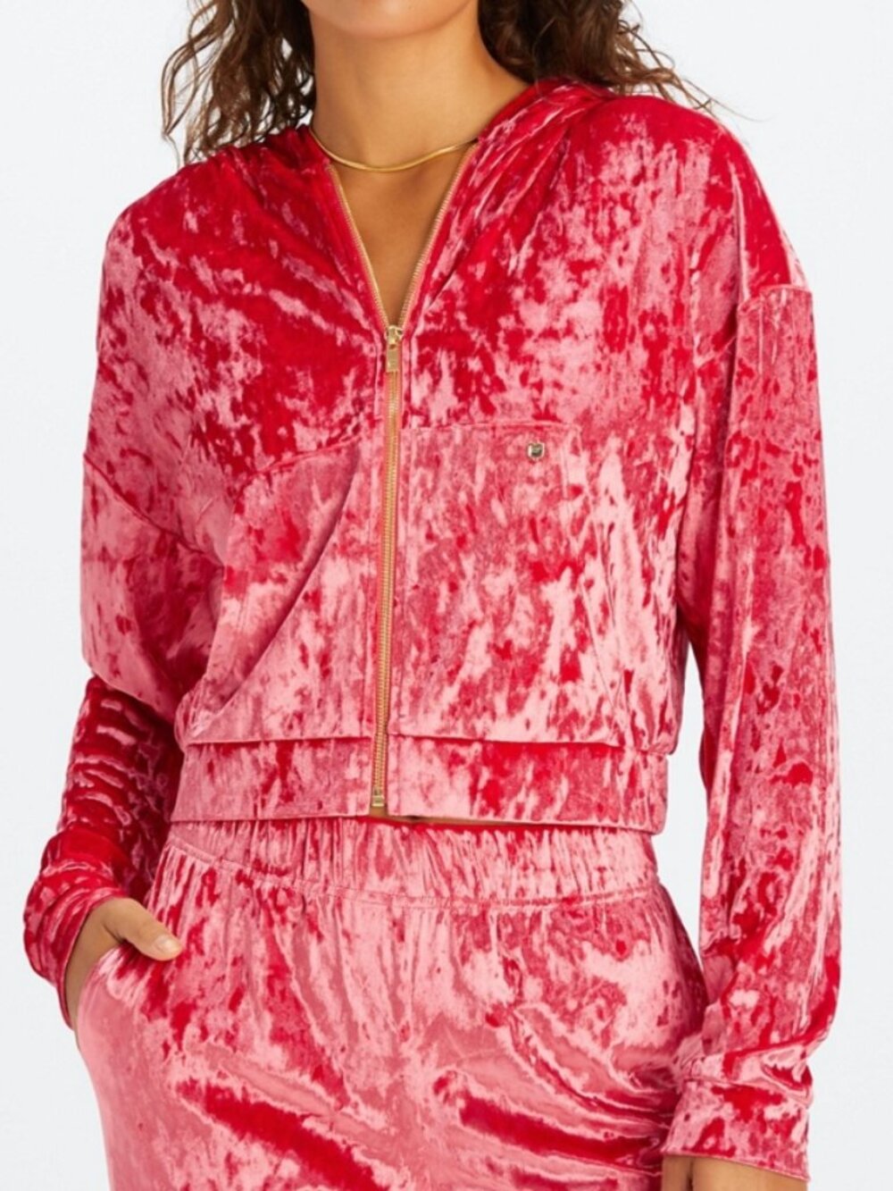 Fabletics Crushed Velour Zip Up Hoodie Strawberry Red